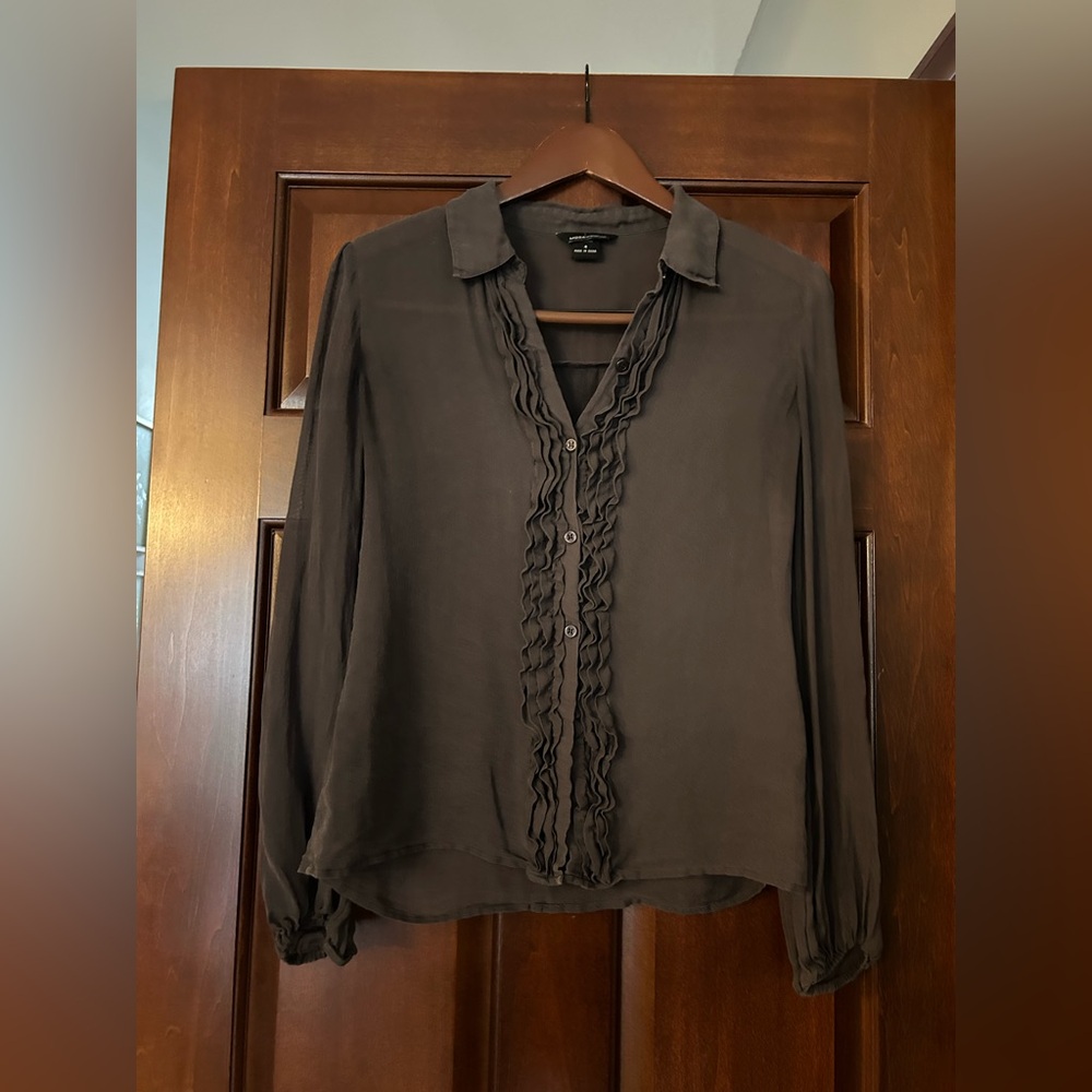 Moda International 100% Silk Purple Charcoal Ruffle Front Blouse Size 4